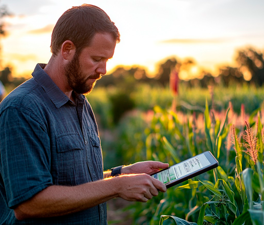 Produtor rural mexendo num tablet